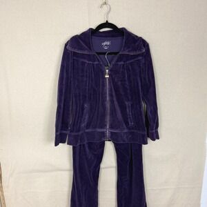 Y2K Style & Co Sport Women Purple Velour Tracksuit Set Zip Hoodie Pant Petite L